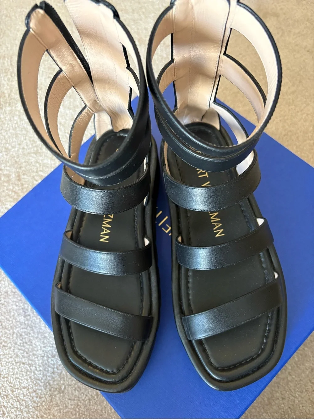 Stuart Weitzman Black Multi-Strap Leather Ankle Sandals